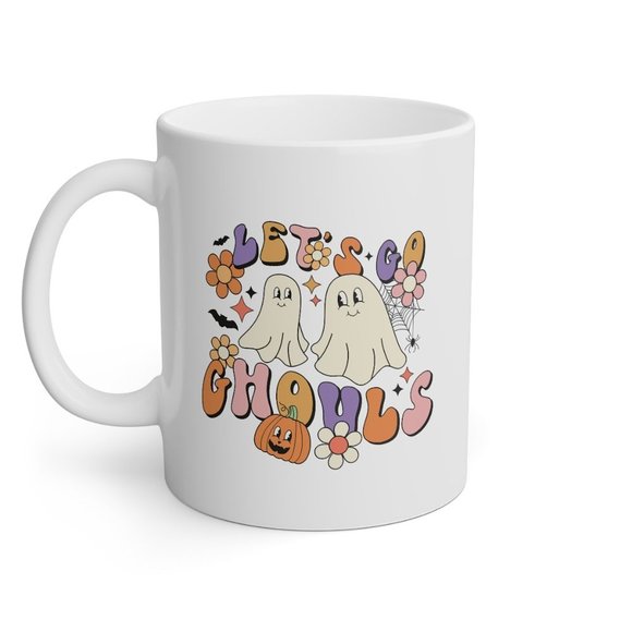 Halloween Mug Cute Retro Vintage Ghost Let's Go Ghouls Hippie 70's Coffee Cup - Picture 4 of 5
